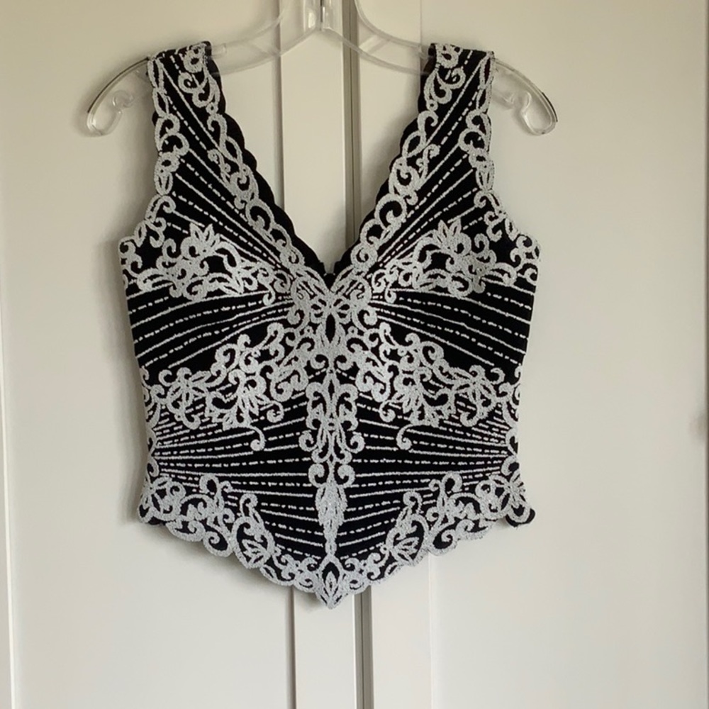 Tadashi Black and White Beaded Bustier Top